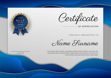 Altın rozetli ve sınırlı modern mavi ve altın sertifikalı başarı şablonu. Diploma, ödül, iş, üniversite, okul ve şirket için tasarlandı..