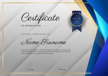 Altın rozetli ve sınırlı modern mavi ve altın sertifikalı başarı şablonu. Diploma, ödül, iş, üniversite, okul ve şirket için tasarlandı..