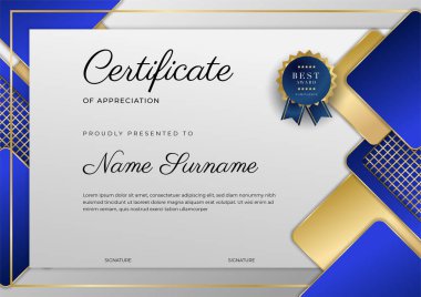 Altın rozetli ve sınırlı modern mavi ve altın sertifikalı başarı şablonu. Diploma, ödül, iş, üniversite, okul ve şirket için tasarlandı..