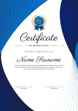 Altın rozetli ve sınırlı modern mavi ve altın sertifikalı başarı şablonu. Diploma, ödül, iş, üniversite, okul ve şirket için tasarlandı..