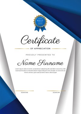 Altın rozetli ve sınırlı modern mavi ve altın sertifikalı başarı şablonu. Diploma, ödül, iş, üniversite, okul ve şirket için tasarlandı..