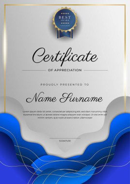Altın rozetli ve sınırlı modern mavi ve altın sertifikalı başarı şablonu. Diploma, ödül, iş, üniversite, okul ve şirket için tasarlandı..