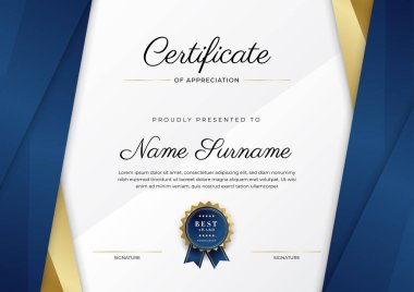 Altın rozetli ve sınırlı modern mavi ve altın sertifikalı başarı şablonu. Diploma, ödül, iş, üniversite, okul ve şirket için tasarlandı..