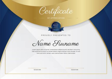 Altın rozetli ve sınırlı modern mavi ve altın sertifikalı başarı şablonu. Diploma, ödül, iş, üniversite, okul ve şirket için tasarlandı..