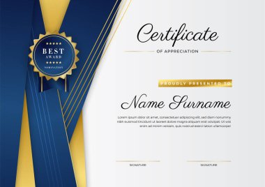 Altın rozetli ve sınırlı modern mavi ve altın sertifikalı başarı şablonu. Diploma, ödül, iş, üniversite, okul ve şirket için tasarlandı..