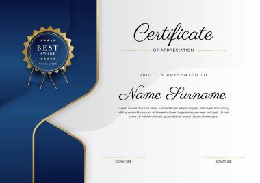 Altın rozetli ve sınırlı modern mavi ve altın sertifikalı başarı şablonu. Diploma, ödül, iş, üniversite, okul ve şirket için tasarlandı..
