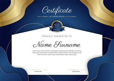 Altın rozetli ve sınırlı modern mavi ve altın sertifikalı başarı şablonu. Diploma, ödül, iş, üniversite, okul ve şirket için tasarlandı..