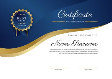 Altın rozetli ve sınırlı modern mavi ve altın sertifikalı başarı şablonu. Diploma, ödül, iş, üniversite, okul ve şirket için tasarlandı..