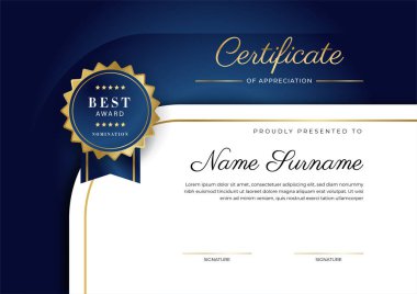 Altın rozetli ve sınırlı modern mavi ve altın sertifikalı başarı şablonu. Diploma, ödül, iş, üniversite, okul ve şirket için tasarlandı..