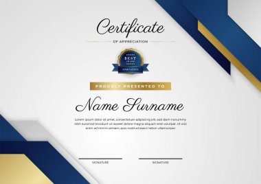 Altın rozetli ve sınırlı modern mavi ve altın sertifikalı başarı şablonu. Diploma, ödül, iş, üniversite, okul ve şirket için tasarlandı..