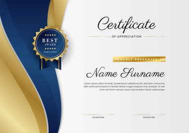 Altın rozetli ve sınırlı modern mavi ve altın sertifikalı başarı şablonu. Diploma, ödül, iş, üniversite, okul ve şirket için tasarlandı..