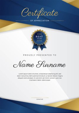 Altın rozetli ve sınırlı modern mavi ve altın sertifikalı başarı şablonu. Diploma, ödül, iş, üniversite, okul ve şirket için tasarlandı..