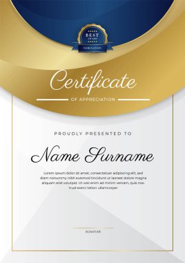 Altın rozetli ve sınırlı modern mavi ve altın sertifikalı başarı şablonu. Diploma, ödül, iş, üniversite, okul ve şirket için tasarlandı..