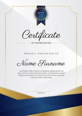 Altın rozetli ve sınırlı modern mavi ve altın sertifikalı başarı şablonu. Diploma, ödül, iş, üniversite, okul ve şirket için tasarlandı..