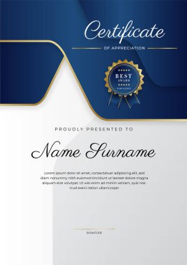 Altın rozetli ve sınırlı modern mavi ve altın sertifikalı başarı şablonu. Diploma, ödül, iş, üniversite, okul ve şirket için tasarlandı..