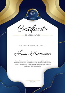 Altın rozetli ve sınırlı modern mavi ve altın sertifikalı başarı şablonu. Diploma, ödül, iş, üniversite, okul ve şirket için tasarlandı..