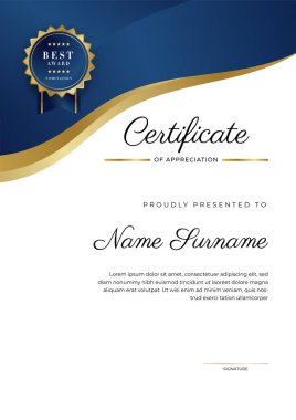 Altın rozetli ve sınırlı modern mavi ve altın sertifikalı başarı şablonu. Diploma, ödül, iş, üniversite, okul ve şirket için tasarlandı..