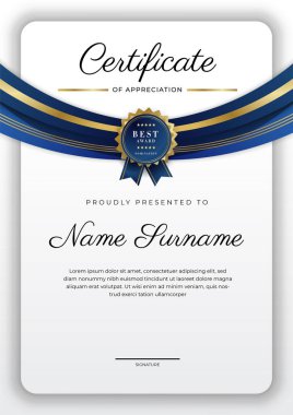 Altın rozetli ve sınırlı modern mavi ve altın sertifikalı başarı şablonu. Diploma, ödül, iş, üniversite, okul ve şirket için tasarlandı..