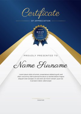 Altın rozetli ve sınırlı modern mavi ve altın sertifikalı başarı şablonu. Diploma, ödül, iş, üniversite, okul ve şirket için tasarlandı..