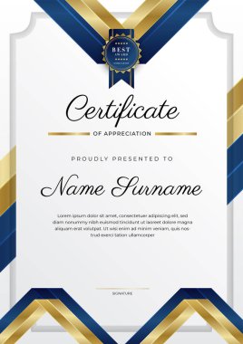 Altın rozetli ve sınırlı modern mavi ve altın sertifikalı başarı şablonu. Diploma, ödül, iş, üniversite, okul ve şirket için tasarlandı..