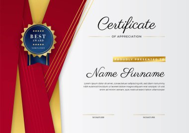 Altın rozetli ve sınırlı modern kırmızı ve altın sertifikalı başarı şablonu. Diploma, ödül, iş, üniversite, okul, geçmiş ve şirket için tasarlandı.