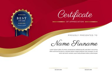 Altın rozetli ve sınırlı modern kırmızı ve altın sertifikalı başarı şablonu. Diploma, ödül, iş, üniversite, okul, geçmiş ve şirket için tasarlandı.