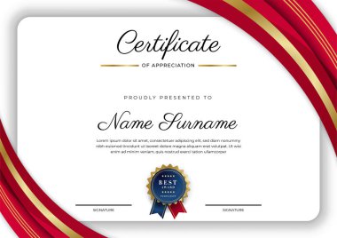 Altın rozetli ve sınırlı modern kırmızı ve altın sertifikalı başarı şablonu. Diploma, ödül, iş, üniversite, okul, geçmiş ve şirket için tasarlandı.
