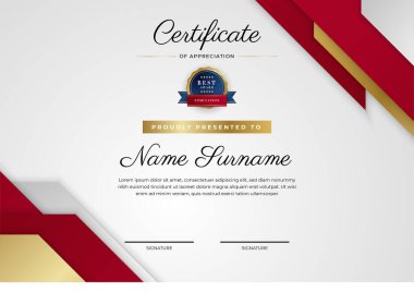 Altın rozetli ve sınırlı modern kırmızı ve altın sertifikalı başarı şablonu. Diploma, ödül, iş, üniversite, okul, geçmiş ve şirket için tasarlandı.