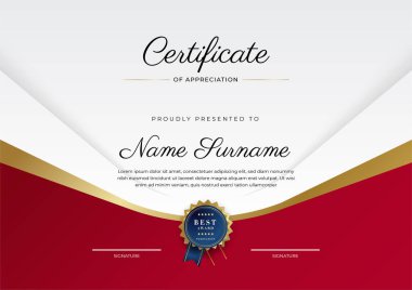 Altın rozetli ve sınırlı modern kırmızı ve altın sertifikalı başarı şablonu. Diploma, ödül, iş, üniversite, okul, geçmiş ve şirket için tasarlandı.