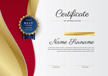Altın rozetli ve sınırlı modern kırmızı ve altın sertifikalı başarı şablonu. Diploma, ödül, iş, üniversite, okul, geçmiş ve şirket için tasarlandı.