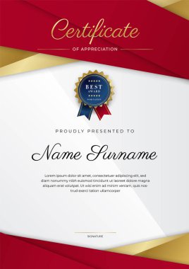 Altın rozetli ve sınırlı modern kırmızı ve altın sertifikalı başarı şablonu. Diploma, ödül, iş, üniversite, okul, geçmiş ve şirket için tasarlandı.