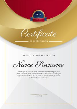 Altın rozetli ve sınırlı modern kırmızı ve altın sertifikalı başarı şablonu. Diploma, ödül, iş, üniversite, okul, geçmiş ve şirket için tasarlandı.