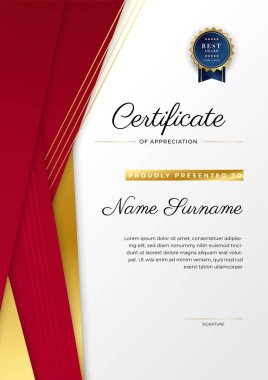 Altın rozetli ve sınırlı modern kırmızı ve altın sertifikalı başarı şablonu. Diploma, ödül, iş, üniversite, okul, geçmiş ve şirket için tasarlandı.