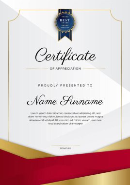 Altın rozetli ve sınırlı modern kırmızı ve altın sertifikalı başarı şablonu. Diploma, ödül, iş, üniversite, okul, geçmiş ve şirket için tasarlandı.