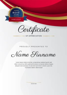 Altın rozetli ve sınırlı modern kırmızı ve altın sertifikalı başarı şablonu. Diploma, ödül, iş, üniversite, okul, geçmiş ve şirket için tasarlandı.