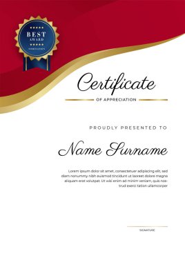 Altın rozetli ve sınırlı modern kırmızı ve altın sertifikalı başarı şablonu. Diploma, ödül, iş, üniversite, okul, geçmiş ve şirket için tasarlandı.