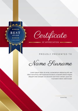 Altın rozetli ve sınırlı modern kırmızı ve altın sertifikalı başarı şablonu. Diploma, ödül, iş, üniversite, okul, geçmiş ve şirket için tasarlandı.