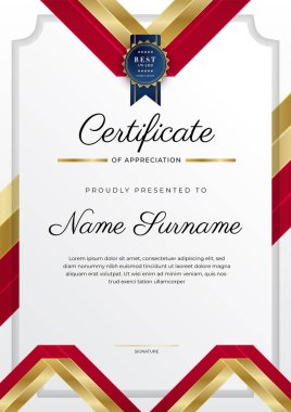 Altın rozetli ve sınırlı modern kırmızı ve altın sertifikalı başarı şablonu. Diploma, ödül, iş, üniversite, okul, geçmiş ve şirket için tasarlandı.