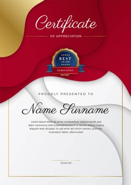 Altın rozetli ve sınırlı modern kırmızı ve altın sertifikalı başarı şablonu. Diploma, ödül, iş, üniversite, okul, geçmiş ve şirket için tasarlandı.