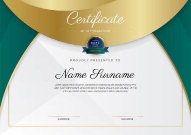 Altın rozetli ve sınırlı modern koyu yeşil ve altın sertifikalı başarı şablonu. Diploma, ödül, iş, üniversite, okul, geçmiş ve şirket için tasarlandı.