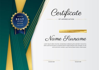 Altın rozetli ve sınırlı modern koyu yeşil ve altın sertifikalı başarı şablonu. Diploma, ödül, iş, üniversite, okul, geçmiş ve şirket için tasarlandı.