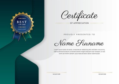 Altın rozetli ve sınırlı modern koyu yeşil ve altın sertifikalı başarı şablonu. Diploma, ödül, iş, üniversite, okul, geçmiş ve şirket için tasarlandı.