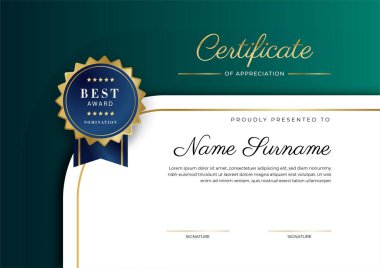Altın rozetli ve sınırlı modern koyu yeşil ve altın sertifikalı başarı şablonu. Diploma, ödül, iş, üniversite, okul, geçmiş ve şirket için tasarlandı.
