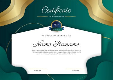 Altın rozetli ve sınırlı modern koyu yeşil ve altın sertifikalı başarı şablonu. Diploma, ödül, iş, üniversite, okul, geçmiş ve şirket için tasarlandı.