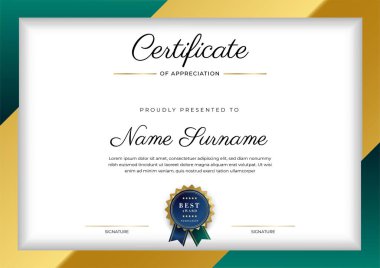 Altın rozetli ve sınırlı modern koyu yeşil ve altın sertifikalı başarı şablonu. Diploma, ödül, iş, üniversite, okul, geçmiş ve şirket için tasarlandı.