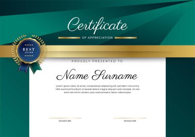 Altın rozetli ve sınırlı modern koyu yeşil ve altın sertifikalı başarı şablonu. Diploma, ödül, iş, üniversite, okul, geçmiş ve şirket için tasarlandı.