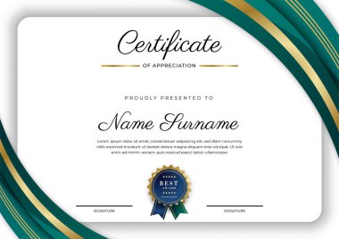 Altın rozetli ve sınırlı modern koyu yeşil ve altın sertifikalı başarı şablonu. Diploma, ödül, iş, üniversite, okul, geçmiş ve şirket için tasarlandı.