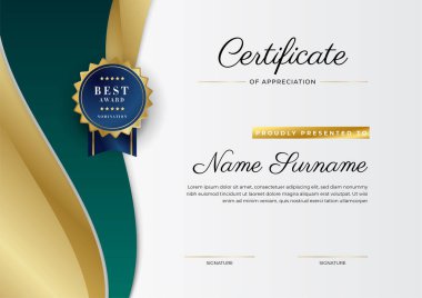 Altın rozetli ve sınırlı modern koyu yeşil ve altın sertifikalı başarı şablonu. Diploma, ödül, iş, üniversite, okul, geçmiş ve şirket için tasarlandı.