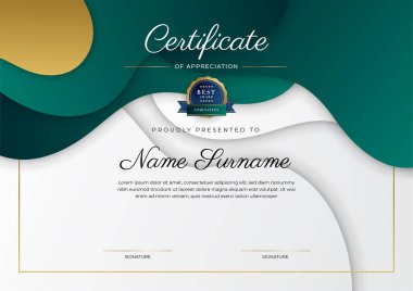 Altın rozetli ve sınırlı modern koyu yeşil ve altın sertifikalı başarı şablonu. Diploma, ödül, iş, üniversite, okul, geçmiş ve şirket için tasarlandı.