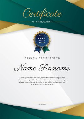 Altın rozetli ve sınırlı modern koyu yeşil ve altın sertifikalı başarı şablonu. Diploma, ödül, iş, üniversite, okul, geçmiş ve şirket için tasarlandı.